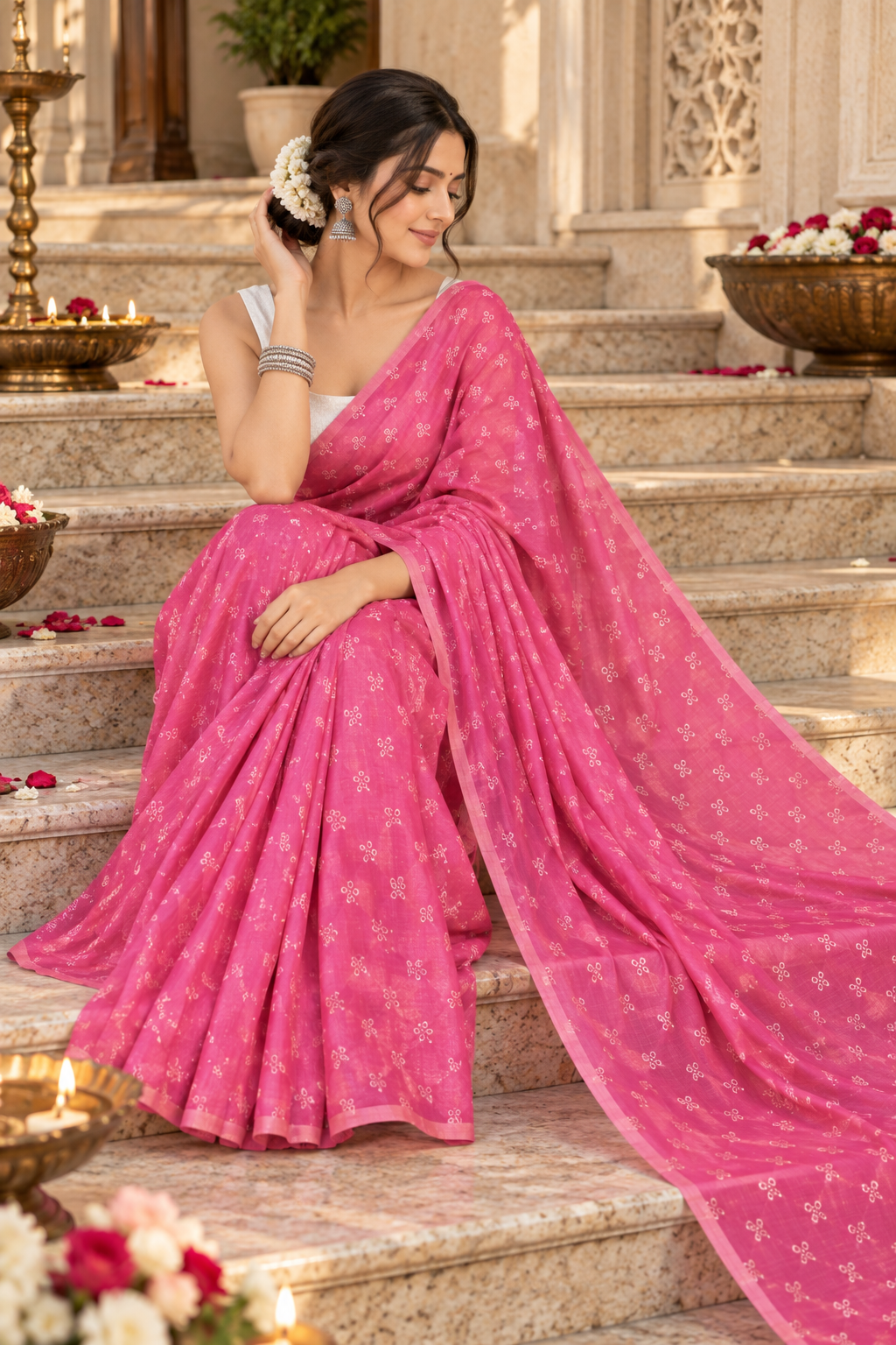Daily Wear Pink Chanderi Cotton Floral Printed Saree with Jacquard Blouse