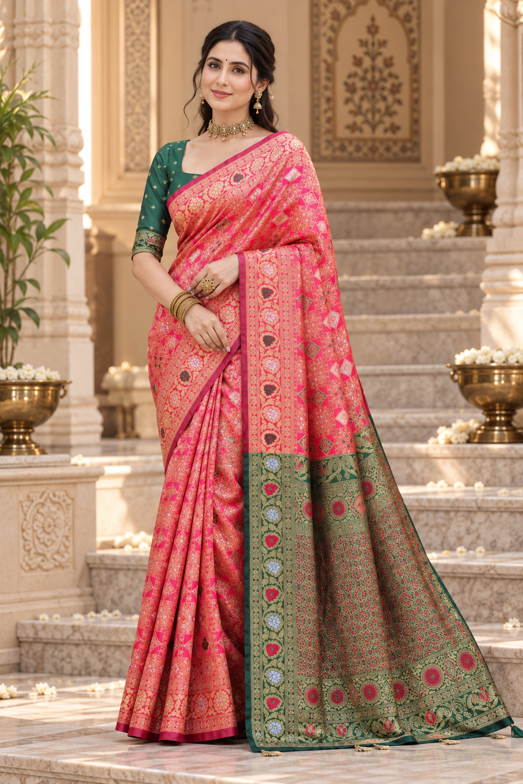 Cotton Silk Jacquard Saree with Zari Woven Design & Running Blouse