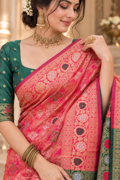 Cotton Silk Jacquard Saree with Zari Woven Design & Running Blouse