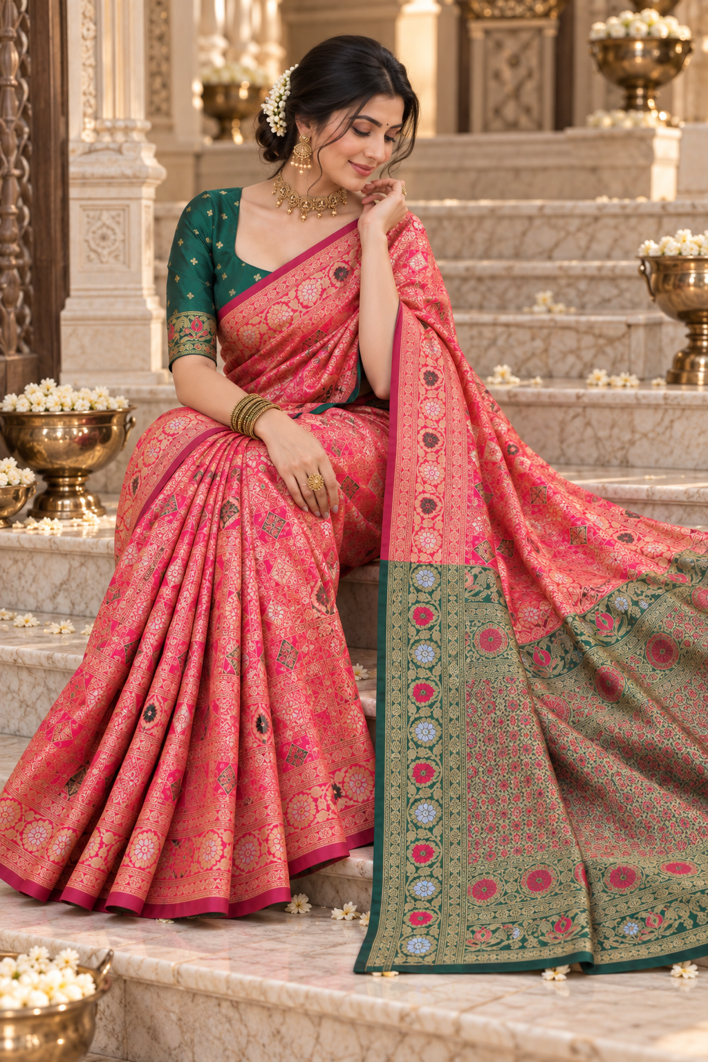 Cotton Silk Jacquard Saree with Zari Woven Design & Running Blouse