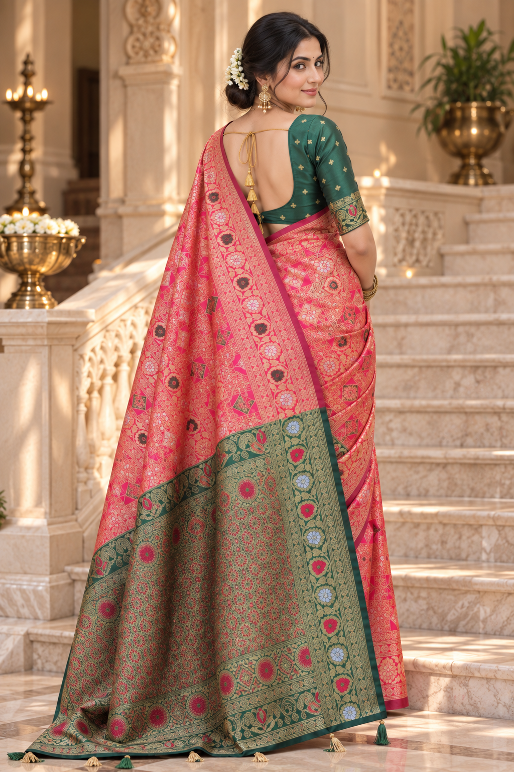 Cotton Silk Jacquard Saree with Zari Woven Design & Running Blouse