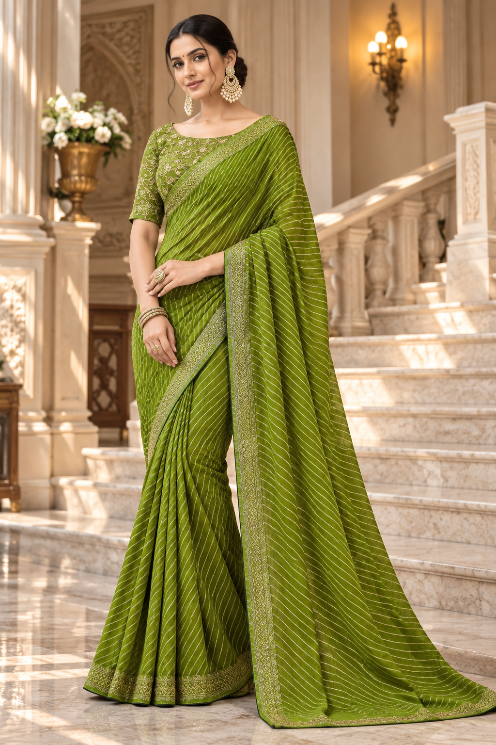Bandhani Printed Georgette Saree with Banarasi Lace Border & Blouse Piece