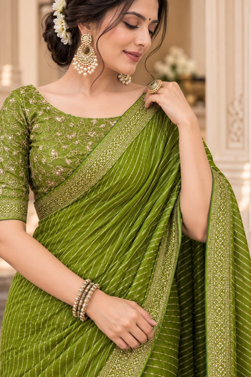 Bandhani Printed Georgette Saree with Banarasi Lace Border & Blouse Piece