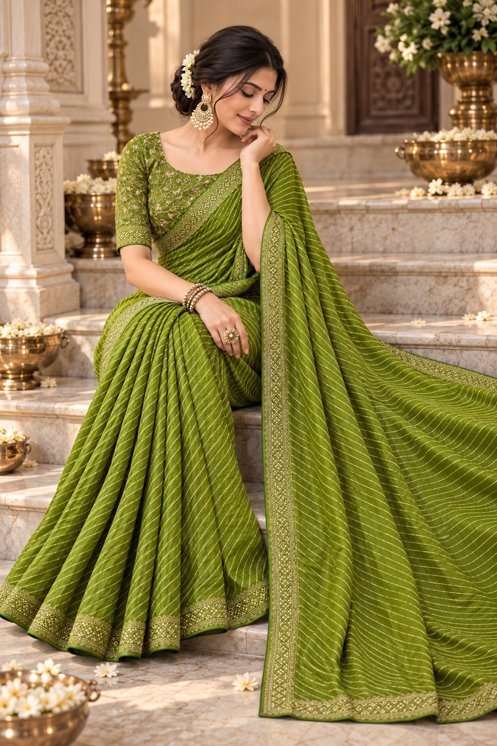 Bandhani Printed Georgette Saree with Banarasi Lace Border & Blouse Piece