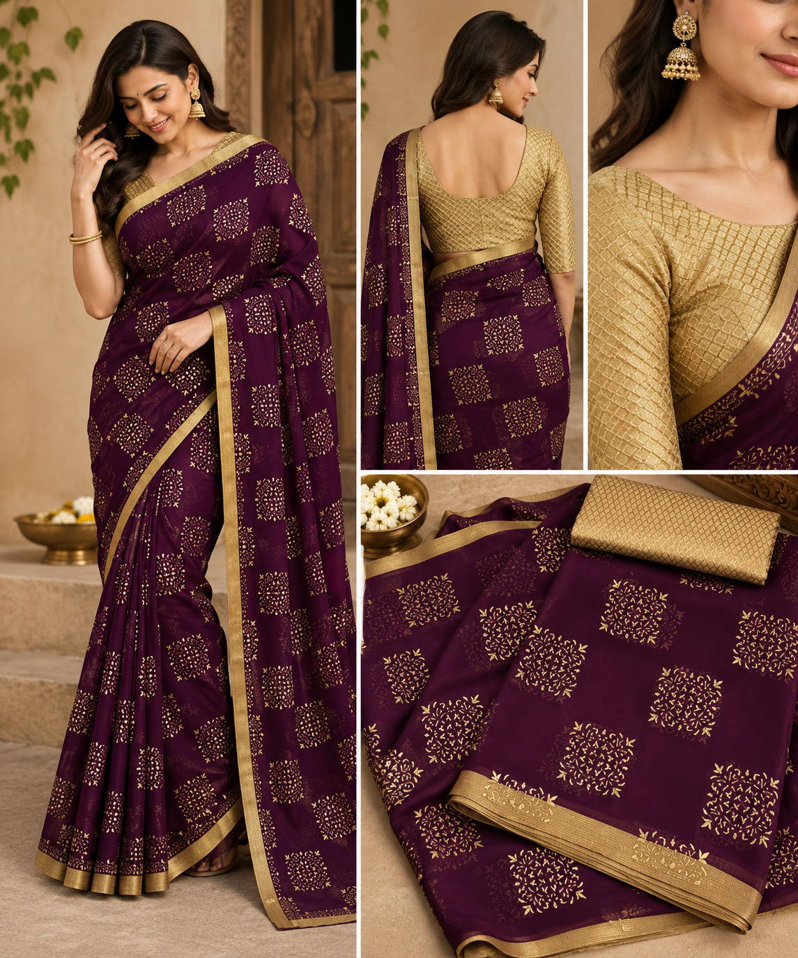 Purple Chiffon Saree with Dewdrop Work & Brocade Blouse