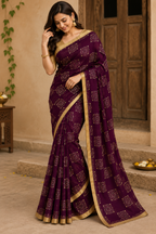 Purple Chiffon Saree with Dewdrop Work & Brocade Blouse