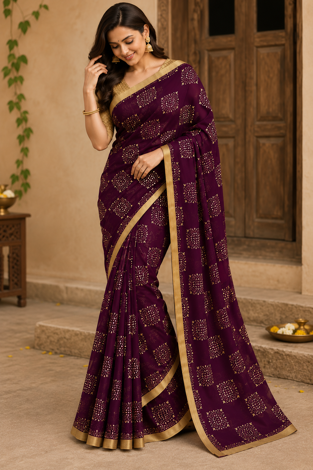 Purple Chiffon Saree with Dewdrop Work & Brocade Blouse