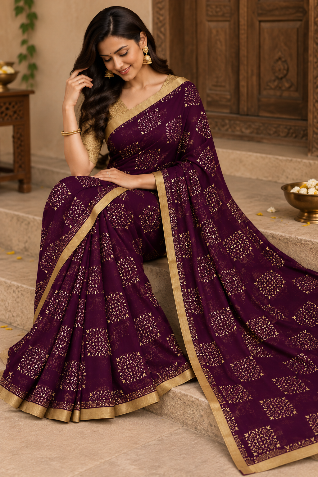 Purple Chiffon Saree with Dewdrop Work & Brocade Blouse