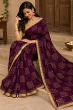 Purple Chiffon Saree with Dewdrop Work & Brocade Blouse