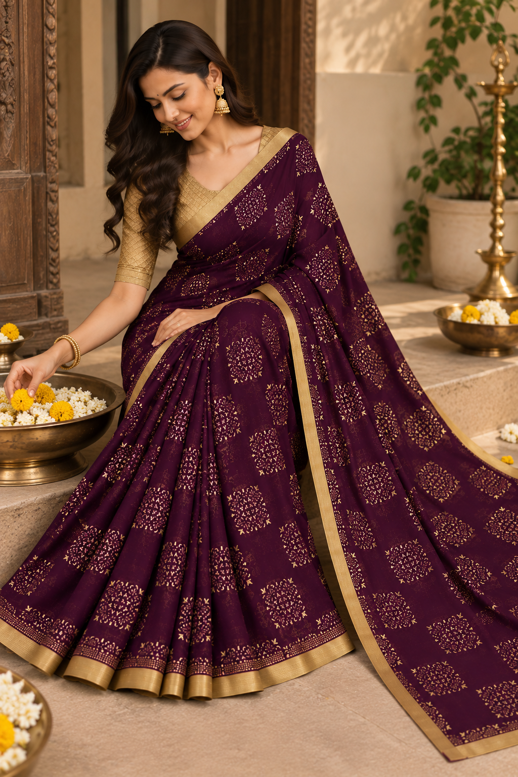 Purple Chiffon Saree with Dewdrop Work & Brocade Blouse