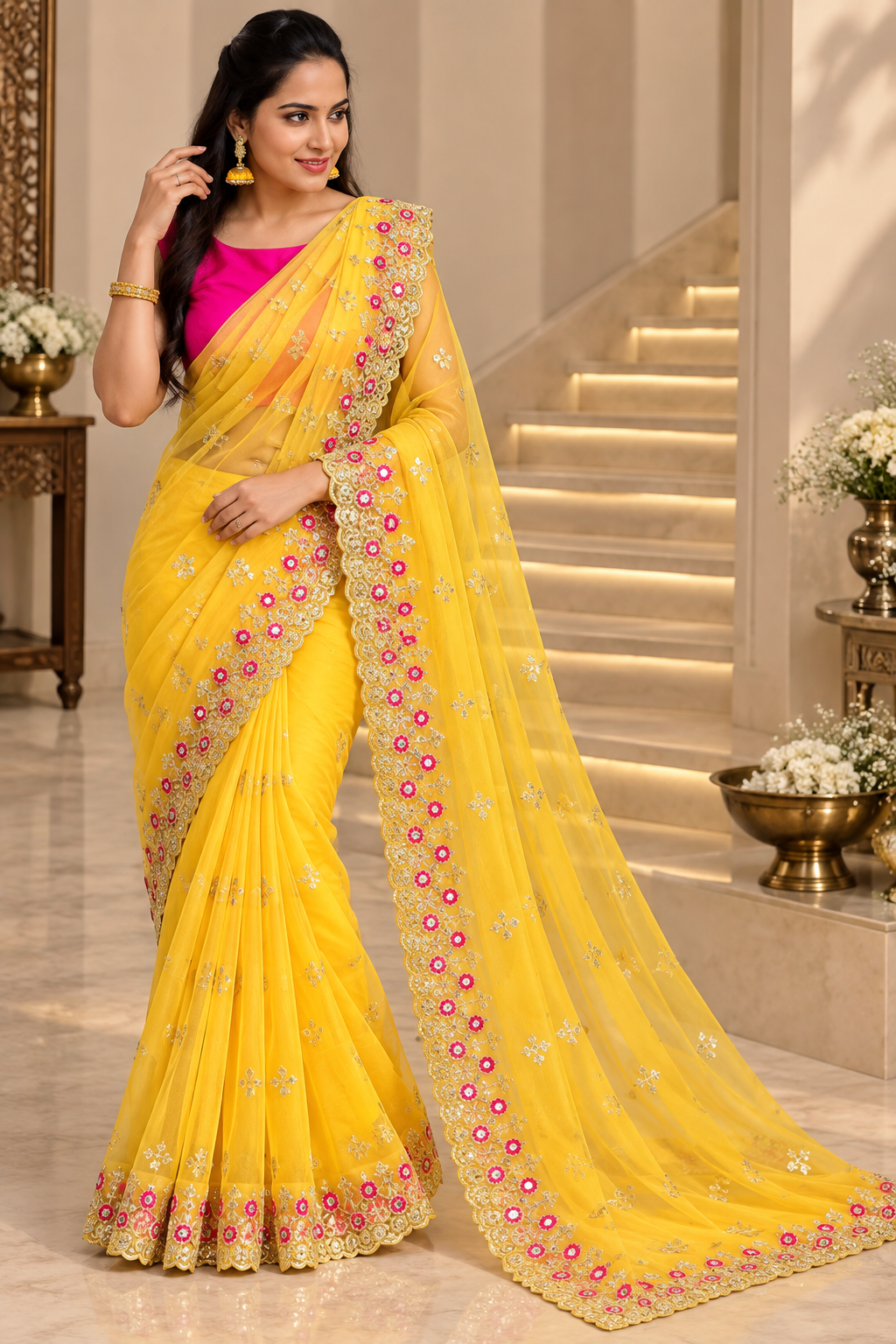 Yellow Super Net Embroidered Saree with Silk Blend Blouse