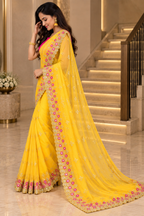 Yellow Super Net Embroidered Saree with Silk Blend Blouse