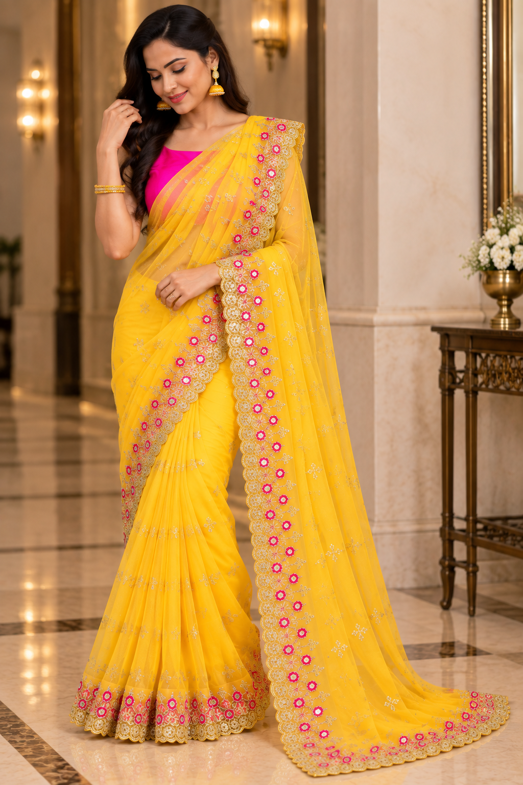 Yellow Super Net Embroidered Saree with Silk Blend Blouse