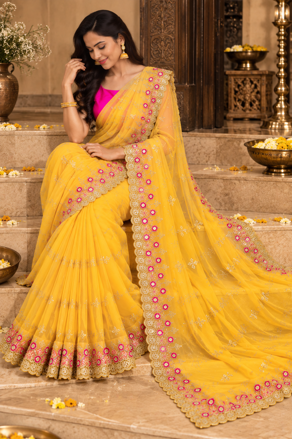 Yellow Super Net Embroidered Saree with Silk Blend Blouse