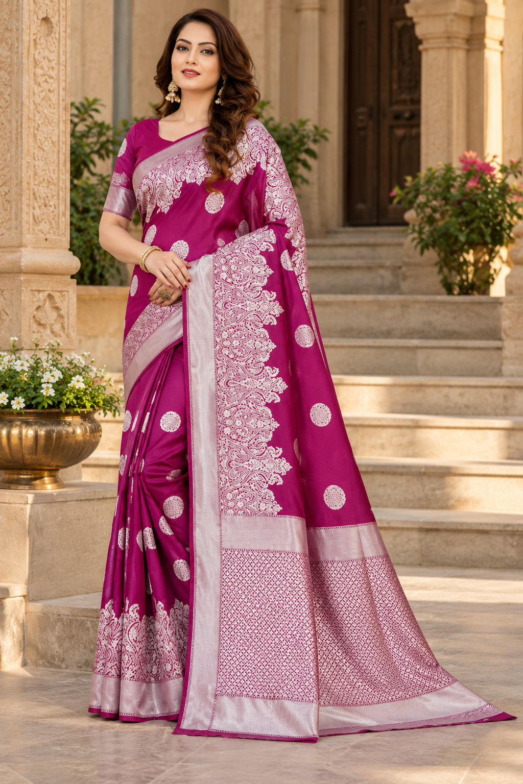 Wine Banarasi Silk Saree with Gold Zari Woven Border & Blouse