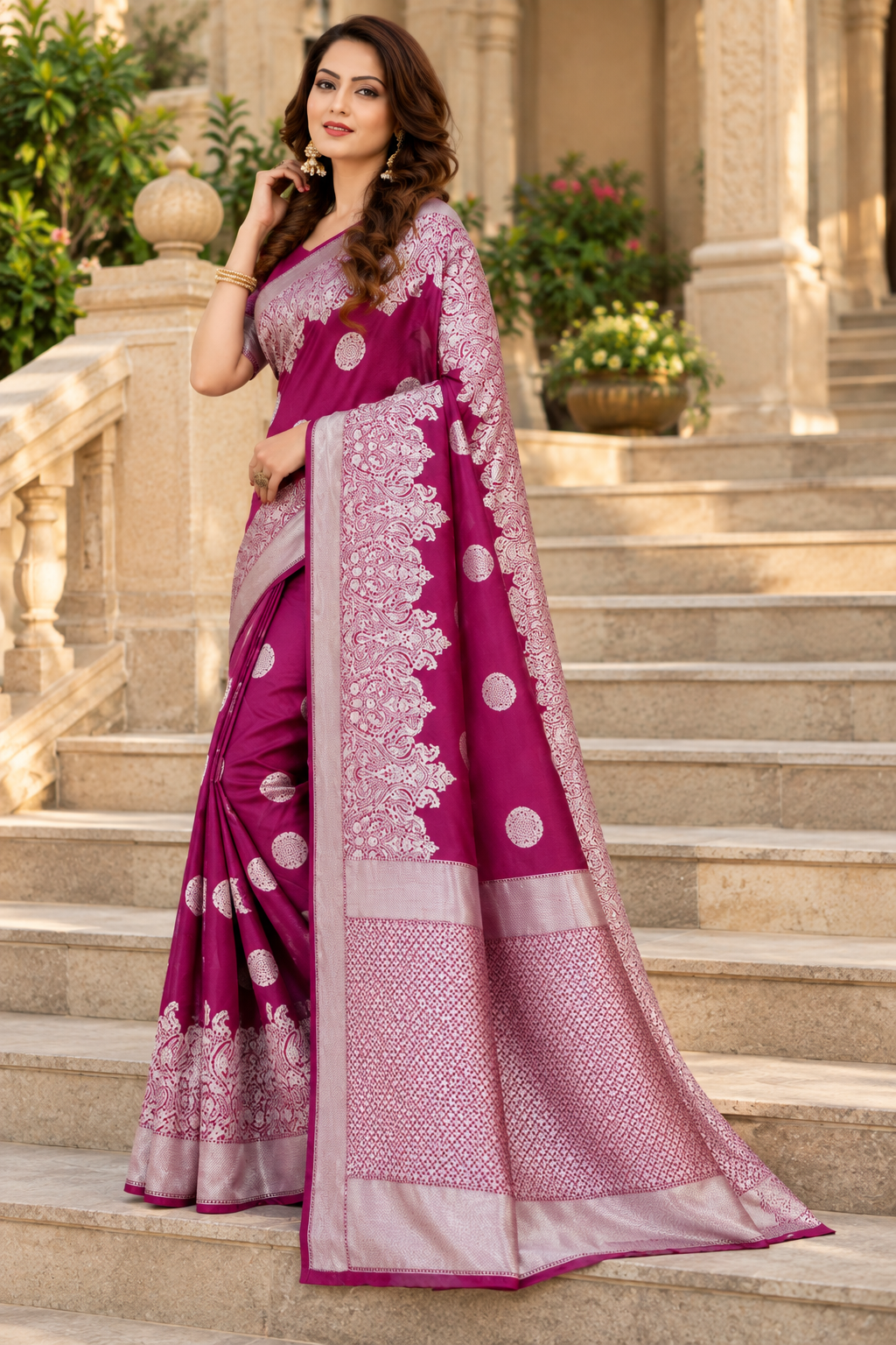 Wine Banarasi Silk Saree with Gold Zari Woven Border & Blouse