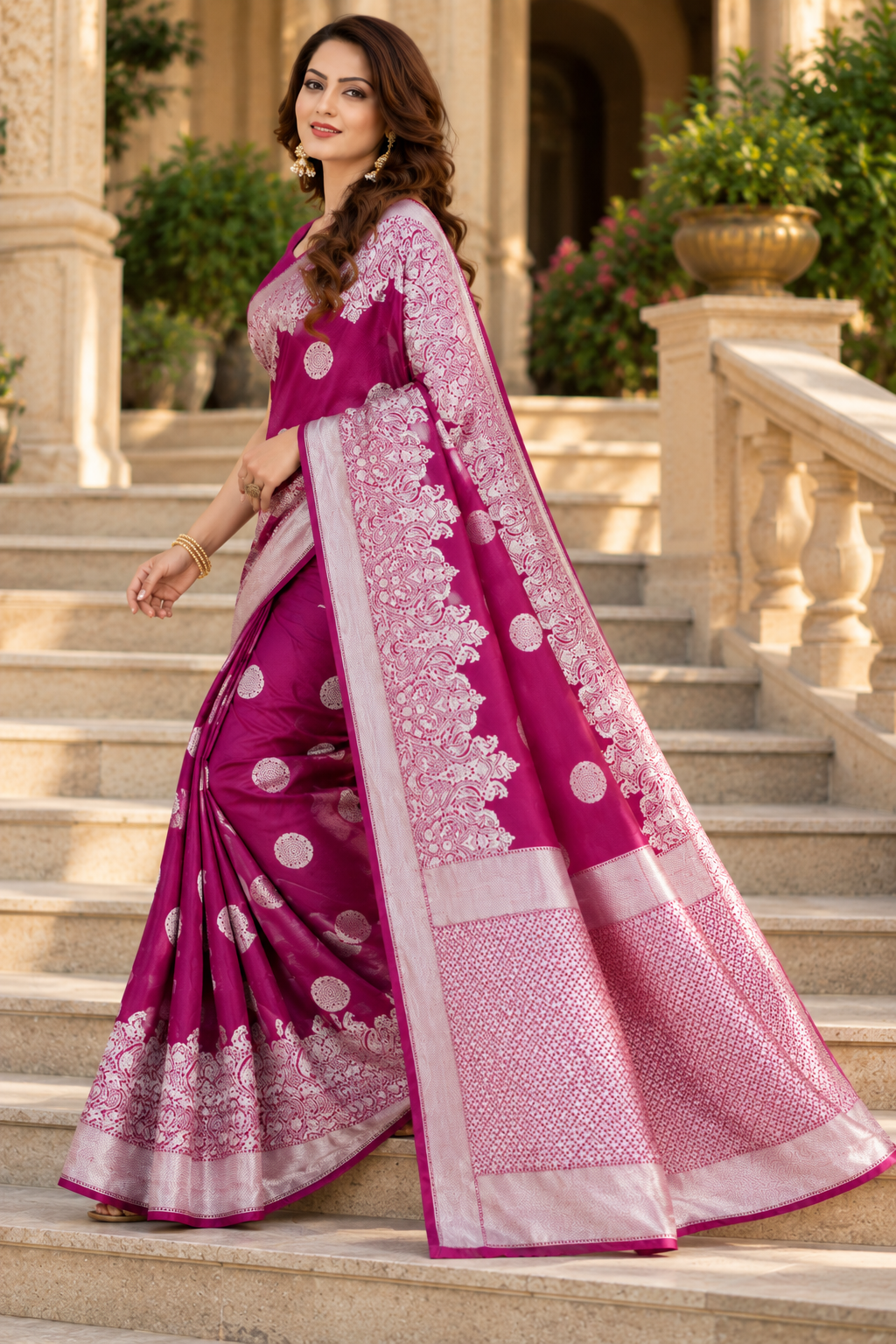 Wine Banarasi Silk Saree with Gold Zari Woven Border & Blouse