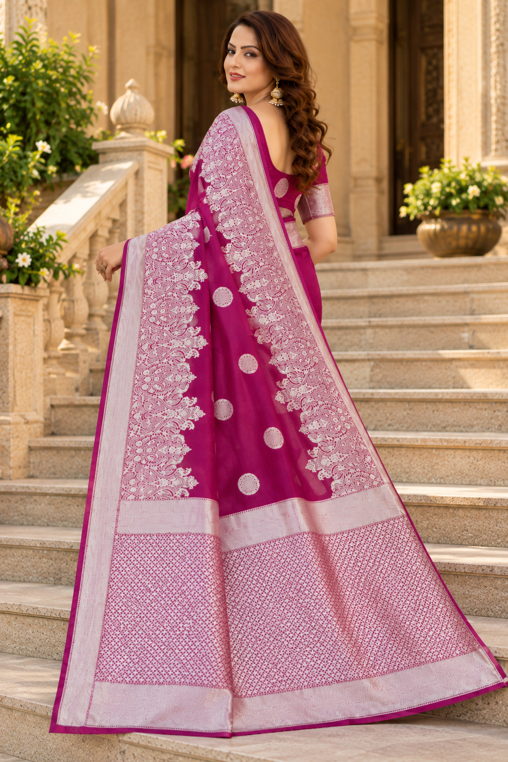 Wine Banarasi Silk Saree with Gold Zari Woven Border & Blouse
