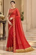 Crush Chiffon Red Saree with Tassels & Latkan