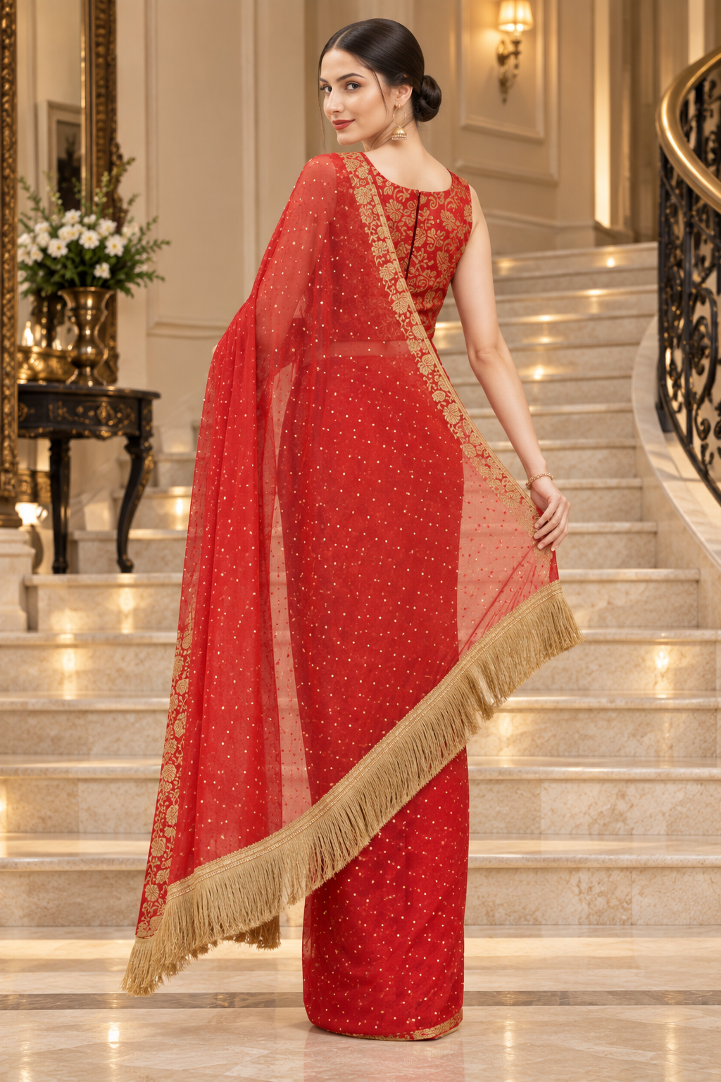 Crush Chiffon Red Saree with Tassels & Latkan