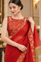 Crush Chiffon Red Saree with Tassels & Latkan