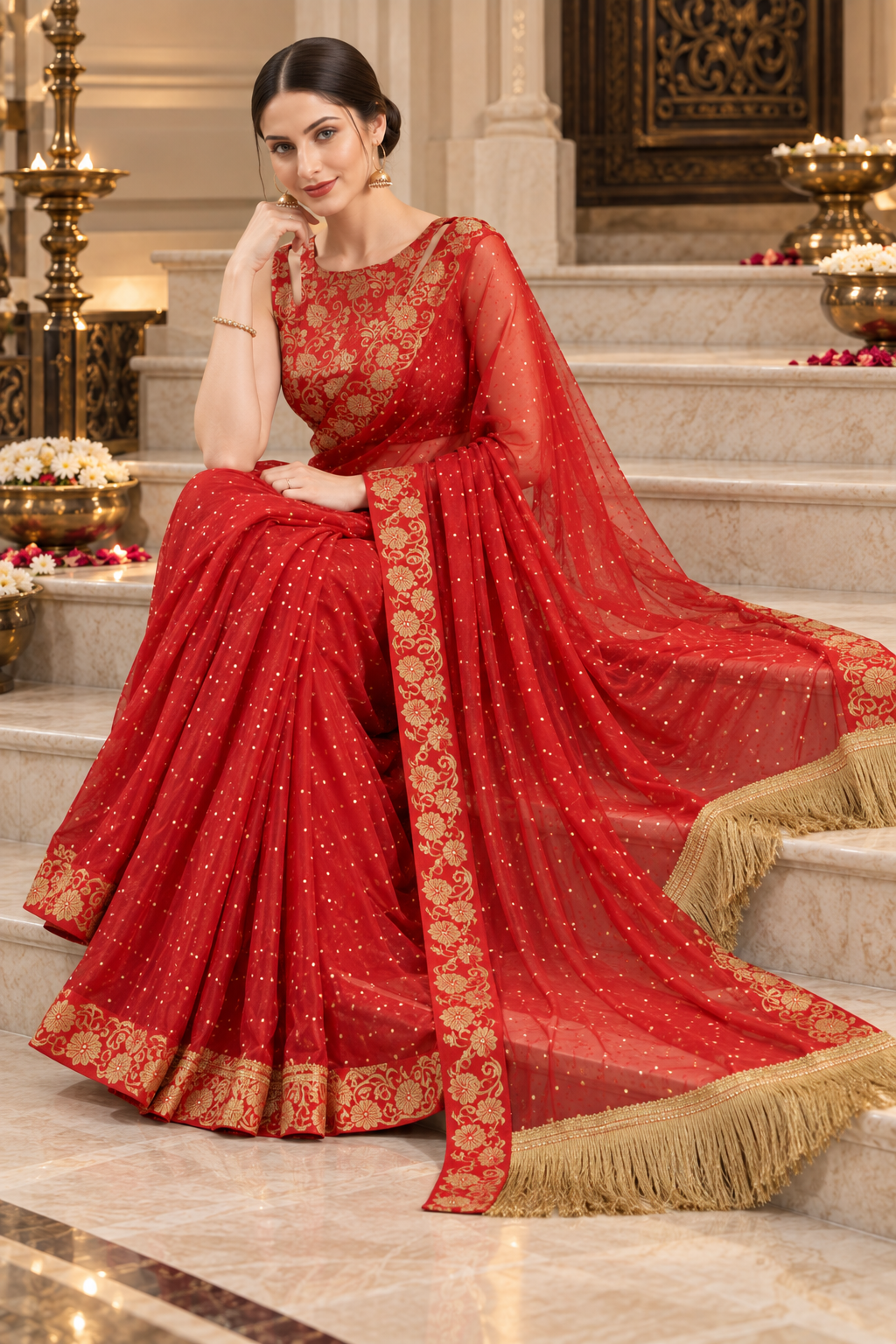Crush Chiffon Red Saree with Tassels & Latkan
