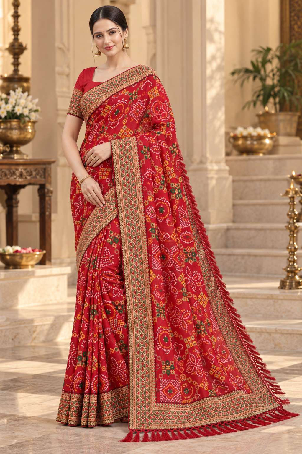 Red Bandhani Poly Georgette Saree with Zalar Pallu & Running Blouse