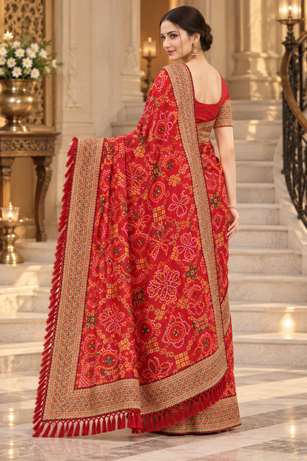 Red Bandhani Poly Georgette Saree with Zalar Pallu & Running Blouse