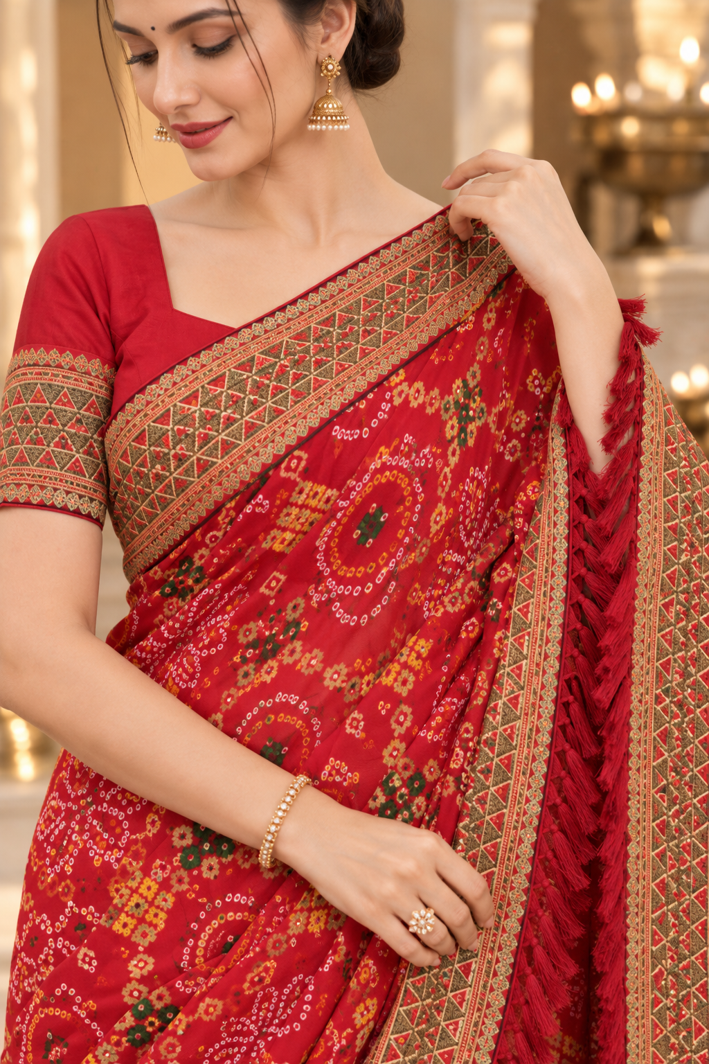 Red Bandhani Poly Georgette Saree with Zalar Pallu & Running Blouse