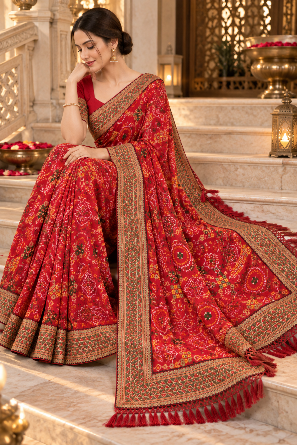 Red Bandhani Poly Georgette Saree with Zalar Pallu & Running Blouse