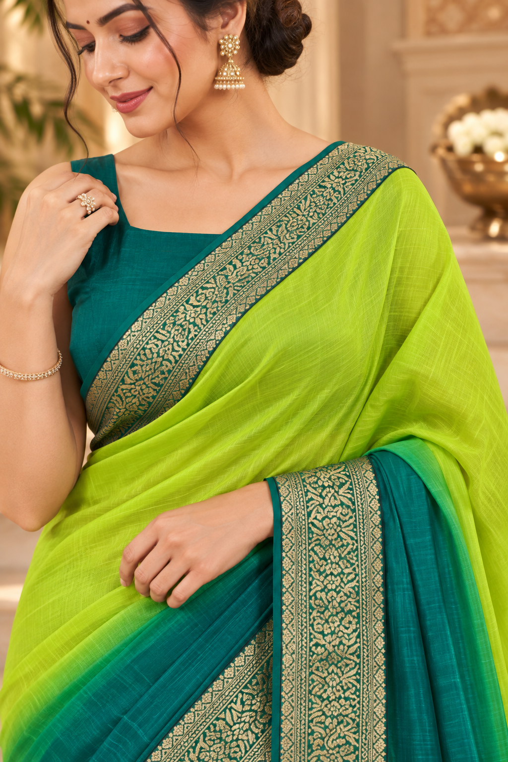 Trending Green Crepe Silk Saree with Cotton Blouse